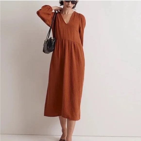 Madewell Lightspun V-Neck Midi Dress in Burnt Clay Size Large - Picture 3 of 13